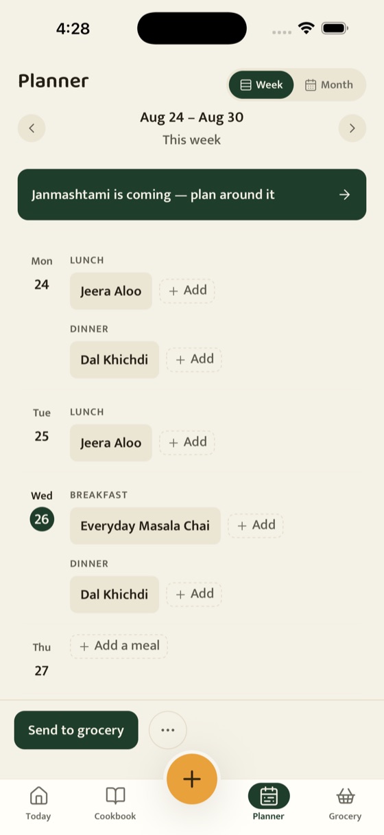 The weekly planner with breakfast, lunch and dinner slots filled from the cookbook