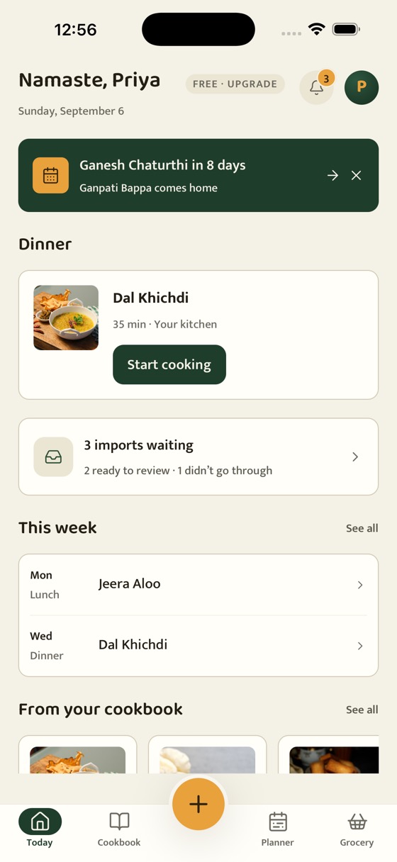 Zaika's Today screen: tonight's dal khichdi ready to start cooking, a Ganesh Chaturthi reminder, three imports waiting to be reviewed, and the next few meals planned for the week